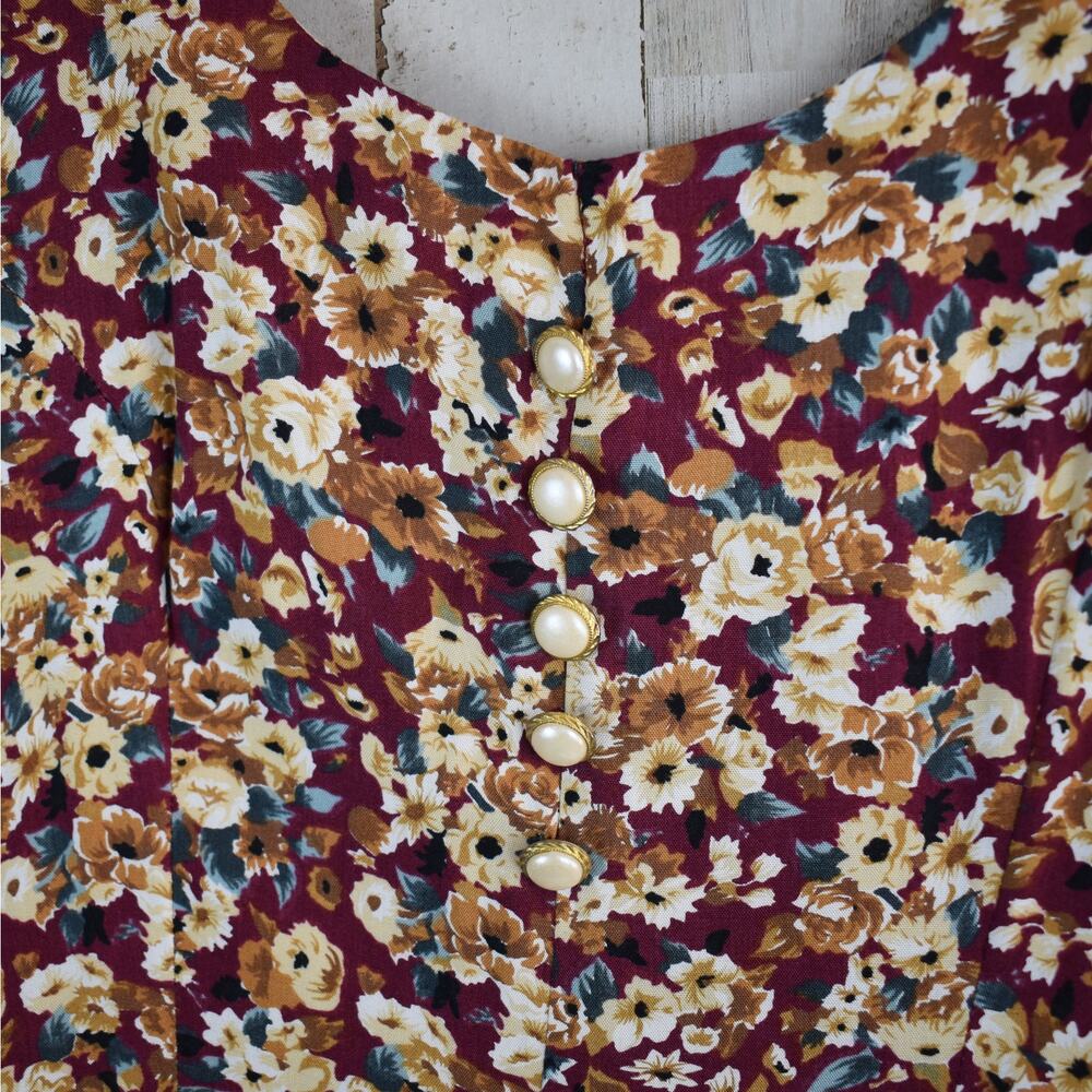 90s Vintage Floral Dress Women's Medium Red Brown Short Sleeve Cottage Grunge M - Picture 4 of 9